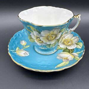 Aynsley Quatrefoil England Bone China Cup Saucer Teal Blue Dogwood Flower Shower